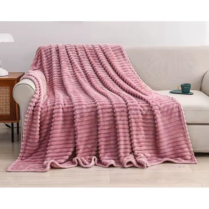 Patura Cocolino CHIRASO, Moale, Calduroasa si Pufoasa, din microfibra plusata, 200 x 230 cm, UNI, roz prafuit