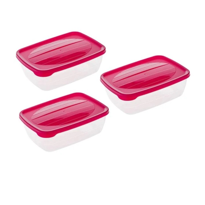 Set caserole transparente, cu capac fucsia, 3 buc, 2L, 20x12x8cm