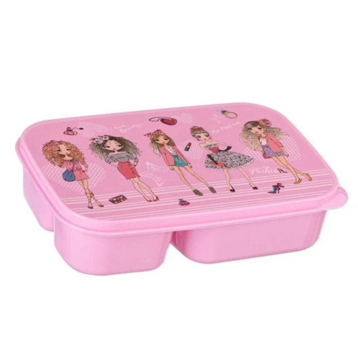Caserola cu 3 compartimente, pentru fete, plastic, roz, 970ml, 22x15x5.5cm