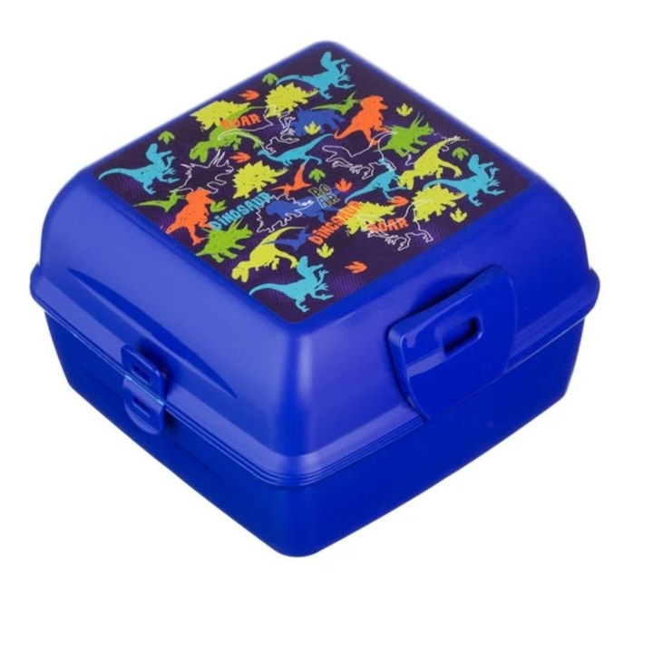 Caserola compartimentata, model dinozauri, din plastic, albastru, 1.3L, 15x15x9.2cm