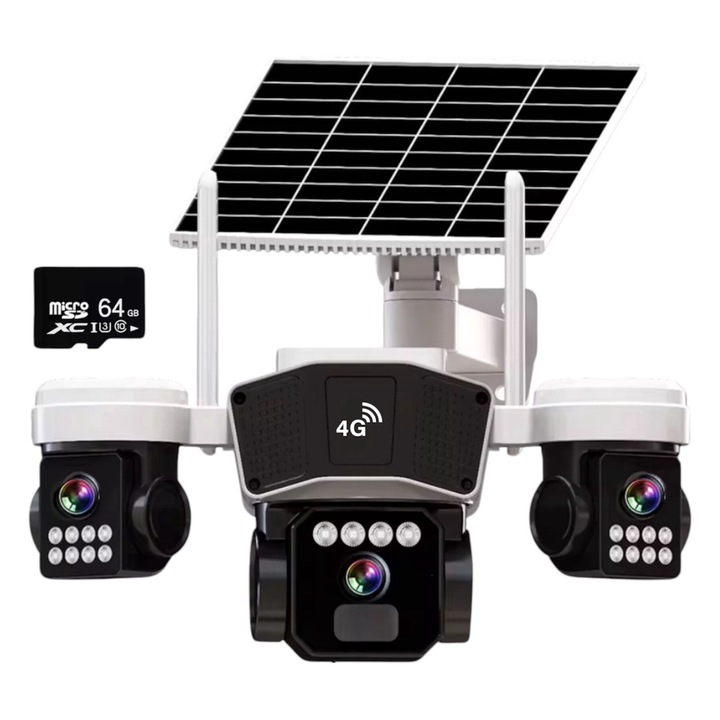 e-Wantay SkyWatch камера за наблюдение, тройна SIM, 3x3MP Ultra HD, на открито/вътре, 16000 mAh батерия, аларма, двупосочна комуникация, PIR сензор за движение, 7W соларен панел и цветно нощно виждане, без слепи зони + 64 GB карта 4G 3 в 1