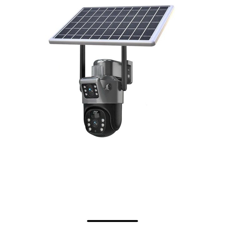 V380-Solar-S6-Grey-Wifi Napelemes Megfigyelő Kamera, 6MP, Kettős Lencse, Napelem, 8000mAh Akkumulátor, Mozgásérzékelés, Éjjellátó, Kétirányú Hang, IP66 Vízállóság