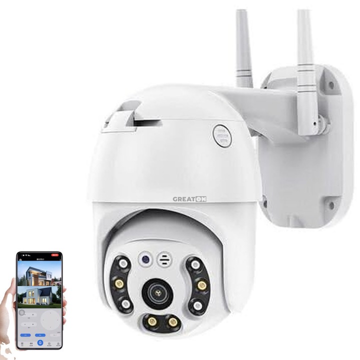 Камера за видеонаблюдение GREATON, 5 MP, за открито или закрито, безжична, управление от телефонно приложение, IP66 устойчивост на вода и атмосферни влияния, аларма за откриване на движение, микрофон, високоговорител, 4 x увеличение, въртяща се, бяла