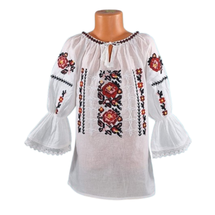 Ie nationala, din bumbac pentru fetite. Alb cu broderie florala, 10 ani
