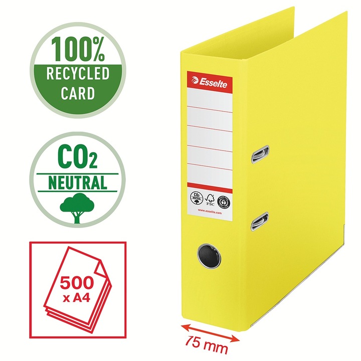 Biblioraft Esselte No.1 Power Recycled, carton reciclat si reciclabil cu amprenta CO2 neutra, A4, 75 mm, galben