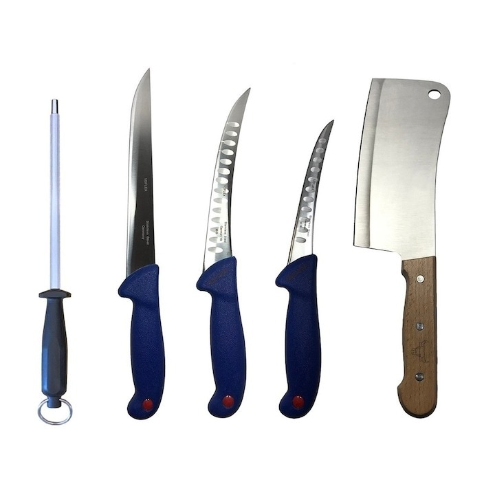 Set profesional de macelarie, dezosat, injunghiat, transat, filetat, satar, masat pentru ascutit, 3 cutite otel carbon, Dactylion®