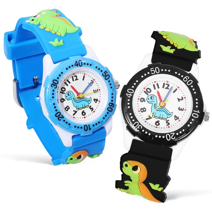 Set 2 Ceasuri pentru Copii 3D cu Dinozauri, Multicolor, Curea PVC