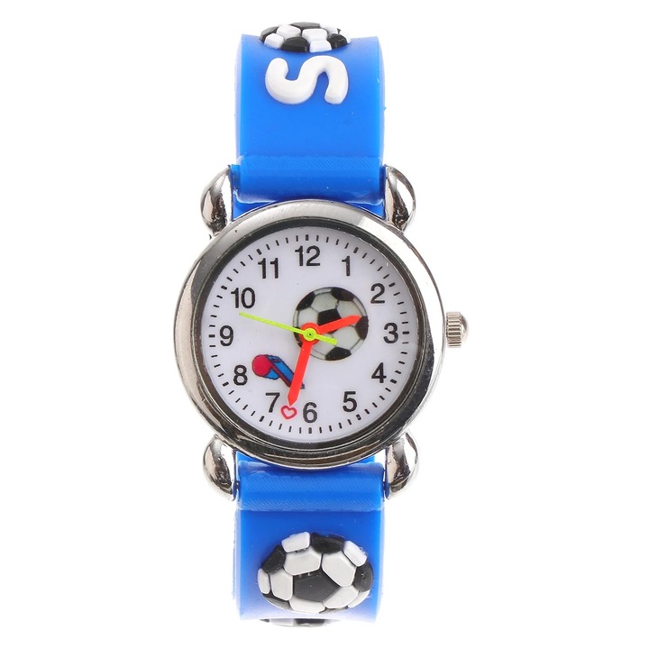 Ceas pentru copii cu design fotbal, curea din cauciuc, albastru, 21x2.8x0.7cm