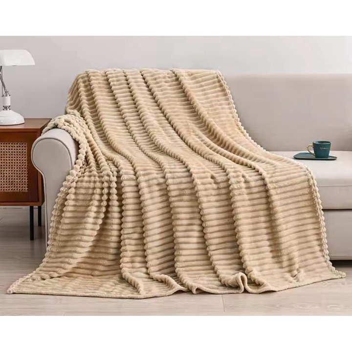 Patura Cocolino CHIRASO, Moale, Calduroasa si Pufoasa, din microfibra plusata, 200 x 230 cm, UNI, maro crem