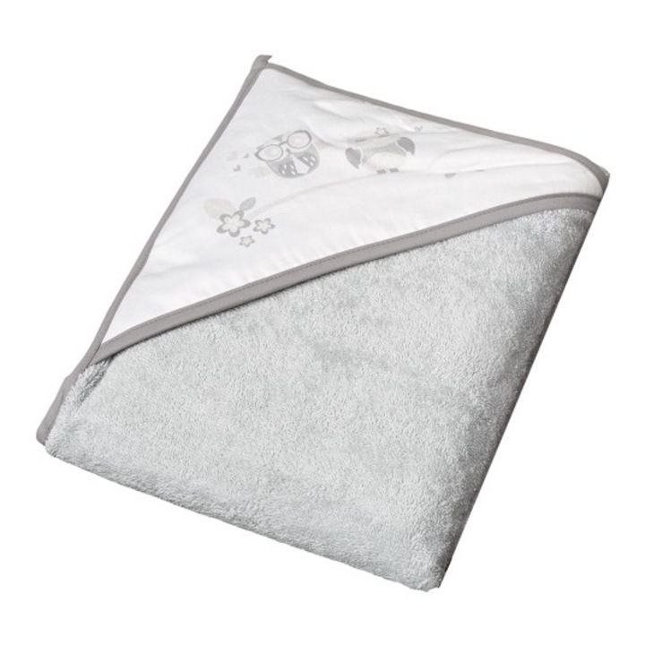 Prosop de baie cu gluga pentru bebelusi, Tega baby, Bufnita, 100x100cm, gri