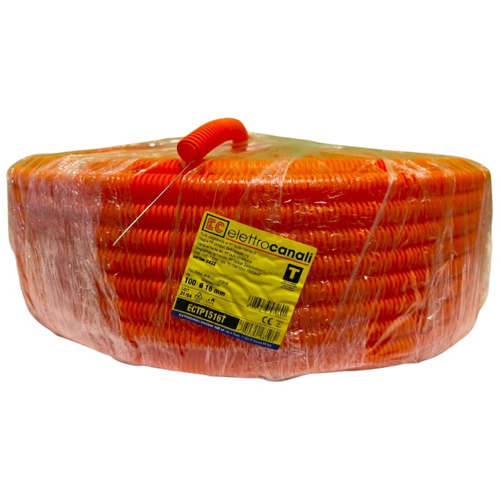 Tub Copex, Retro Electrica®, ELETTROCANALI, Ø16mm 100m, Tub Copex Polipropilena Cu Sonda Pentru Tragere Cablu, Tub Copex Fara Halogeni Pentru Protectie Cabluri Instalatii Electrice, Rezistenta Compresie 750N, Autorevenire La Deformare, Portocaliu