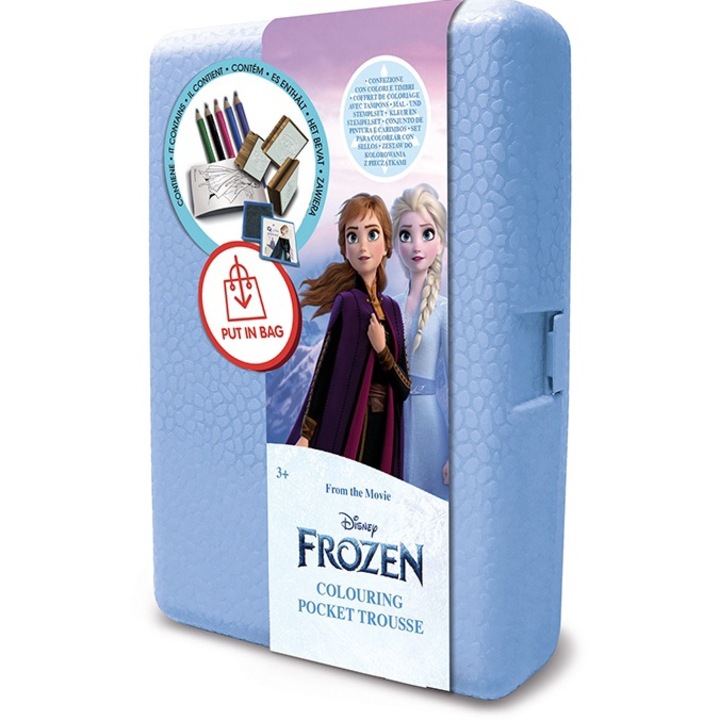 Кутия за съхранение Multiprint, "Frozen 2", с аксесоари за оцветяване, 5 цветни молива, 3 печата, книжка за оцветяване