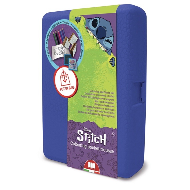 Кутия за съхранение Multiprint, "Stitch", с аксесоари за оцветяване, 5 цветни молива, 3 печата, книжка за оцветяване