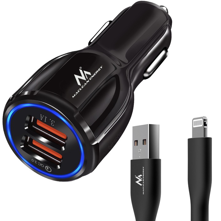 Set incarcator auto Maclean MCE478 B, Qualcomm Quick Charge, QC 3.0 - 5V/3A, 9V/1.8A, 12V/1.6A, Gniazdo 5V/3.1A cu cablu Maclean MCE845B, 1 m, USB Lightning, negru