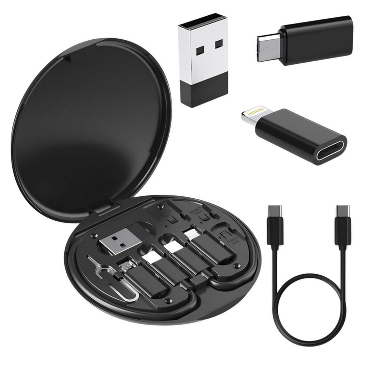 Kit Portabil Multifunctional, Adaptoare Telefon / Tableta, 5 in 1, Functie Suport Telefon, Adaptoare USB-A / USB-C / Lightning / Micro-USB, Negru