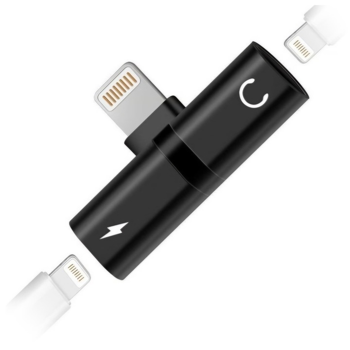 Adaptor 2 in 1, Casti si Incarcator, Mufa Dual Lightning, Compatibil iPad, iPhone, Negru