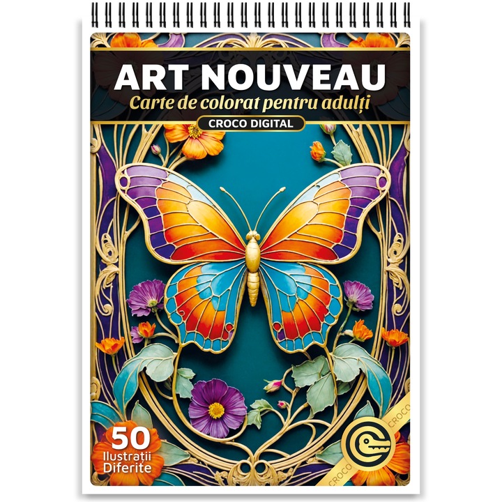 Carte de colorat antistres pentru adulti, Art Nouveau, 50 Ilustratii Antistres pentru Relaxare, 106 pagini, 2024