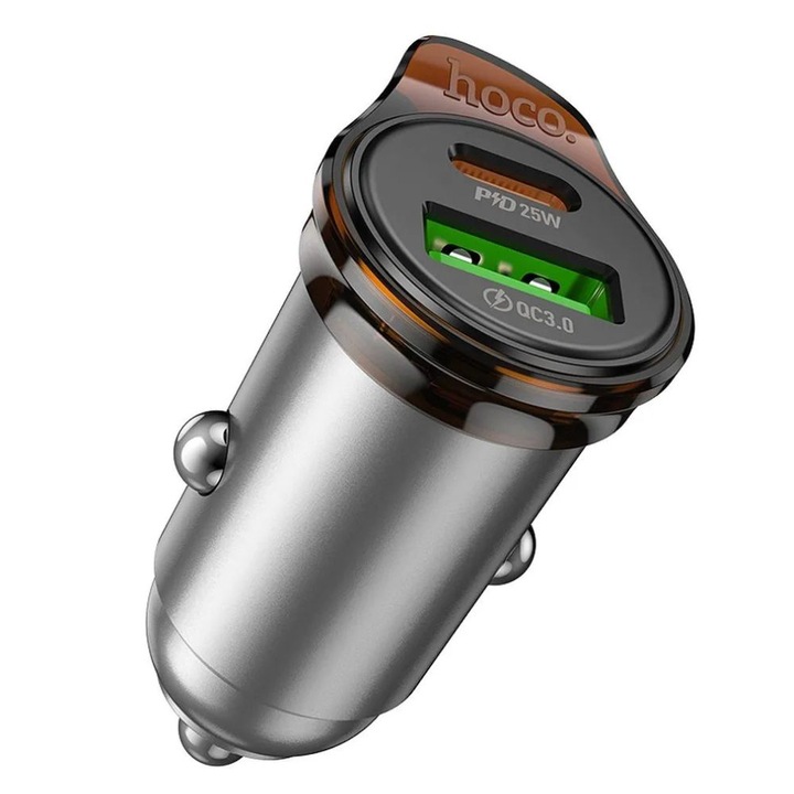 Autós töltő 43W, Hoco NZ16A, 1x USB-C, 1xUSB, Fast Charge 3.0, metálszürke