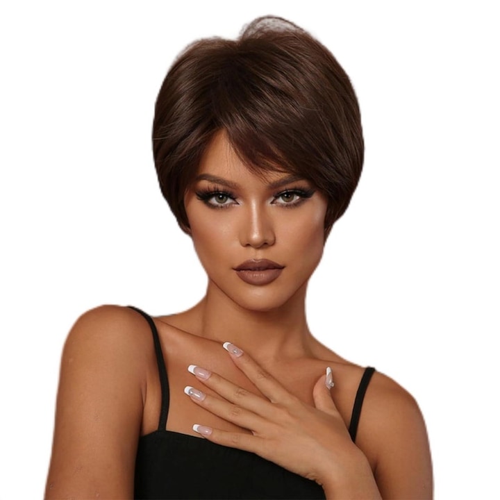 Peruca scurta pentru femei, sintetica din fibra de matase, culoare Maro inchis, 25cm, Omelivon