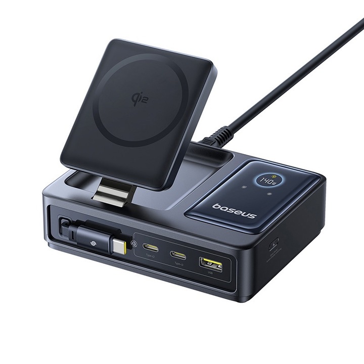 Docking Station Baseus Nomos 5in1 140W Qi2 Incarcator wireless 3x USB-C 1x USB-A Negru