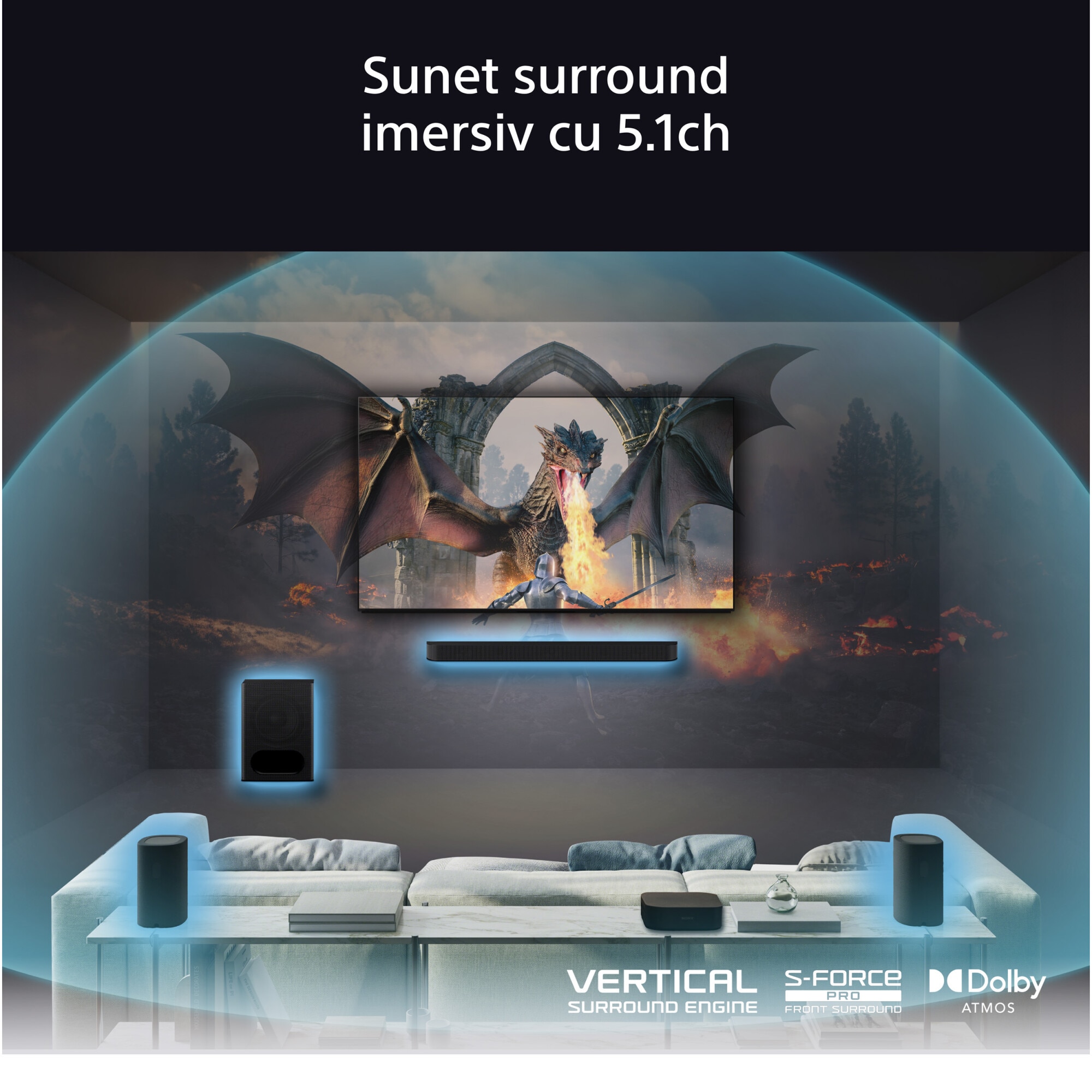Soundbar Sony BRAVIA Theatre System 6 HT-S60, 5.1ch, 1000W, Dolby Atmos, DTS:X, AI Voice Zoom 3, Mod Multi Stereo Party, Bluetooth 5.3, Negru