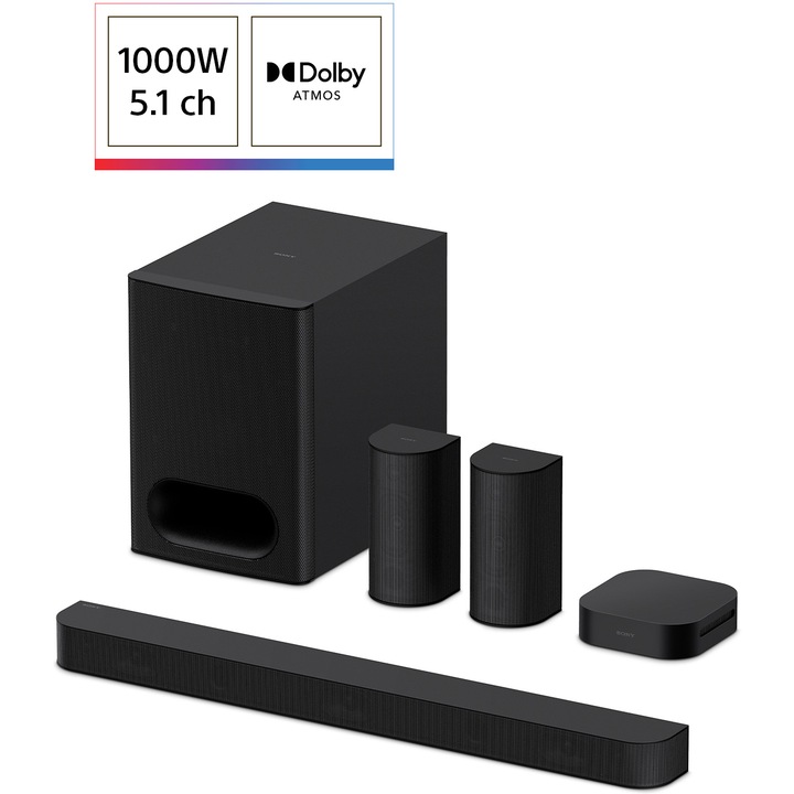 Саундбар Sony BRAVIA Theater System 6 HT-S60, 5.1ch, 1000W, Dolby Atmos, DTS:X, AI Voice Zoom 3, Multi Stereo Party Mode, Bluetooth 5.3, Черен