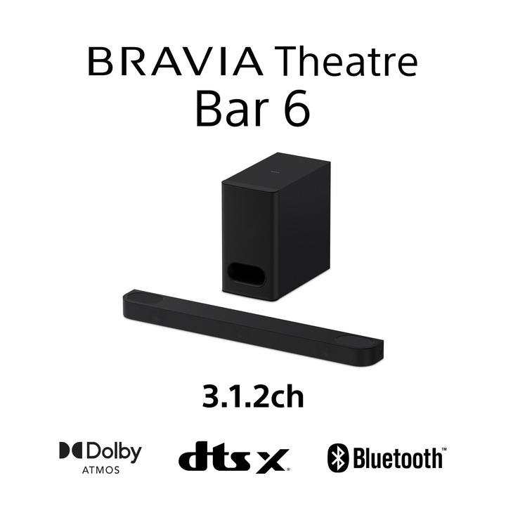 Саундбар Sony BRAVIA Theatre Bar 6 HT-B600, 3.1.2ch, 350W, Dolby Atmos, DTS:X, AI Voice Zoom 3, Up-firing високоговорители, Bluetooth 5.3, Черен