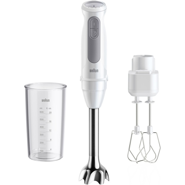 Пасатор Braun MQ50501M, 1000W, 21 степени на скорост, Turbo функция, Двойна бъркалка, Градуирана чаша 600 мл, Бял