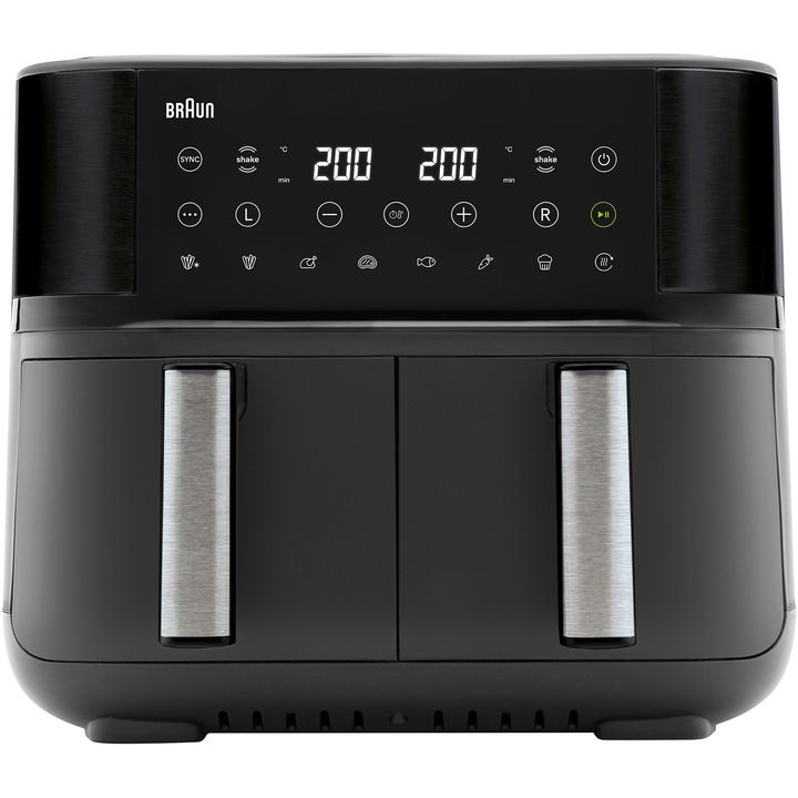 Braun TwinCook 3 TD3030IBK forrólevegős sütő, Olajnélküli, 2850W, 8l (4l+4l), RealAir technológia, 8 automatikus program, Állítható hőmérséklet, Időzítő, Digitális kijelző, Automatikus kikapcsolás, Fekete