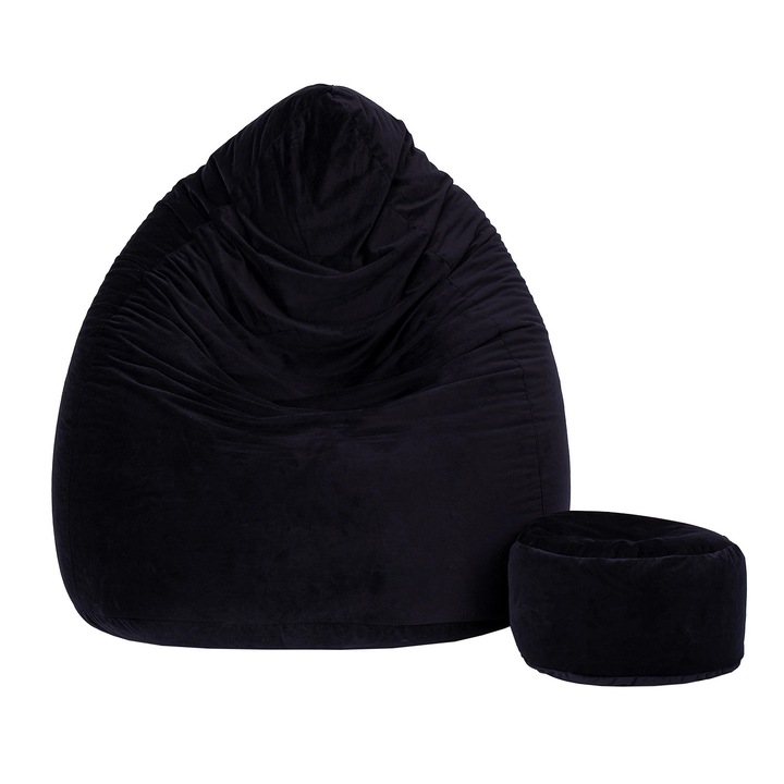 Babzsák fotel 100x75 lábtartóval fekete velúr bársony