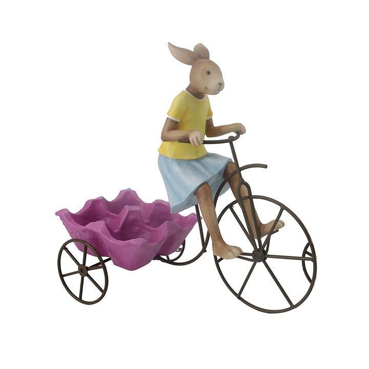 Decoratiune Paste suport oua cu iepuras pe bicicleta, 24 cm, multicolor