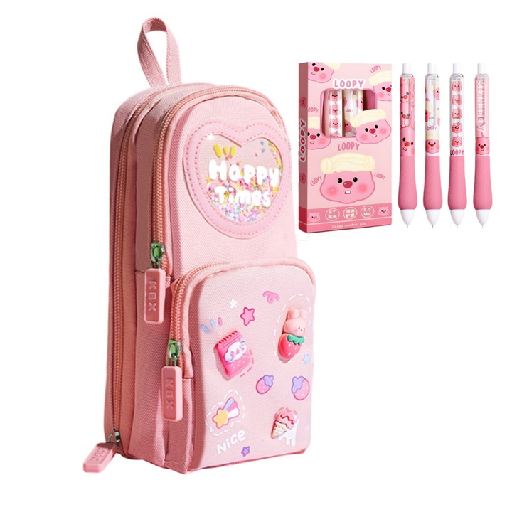 Set penar si 4 stilouri ST cu uscare rapida XYXANMO, 3 compartimente, cu fermoar, Impermeabil, 21x9, 5x6, 5cm, Roz