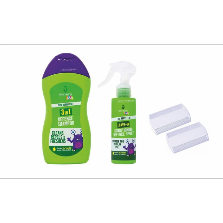 Set Tratament Anti-paduchi, Escenti Kids, Sampon 300ml + Spray descurcat parul & anti-paduchi 150 ml + 2 pieptani