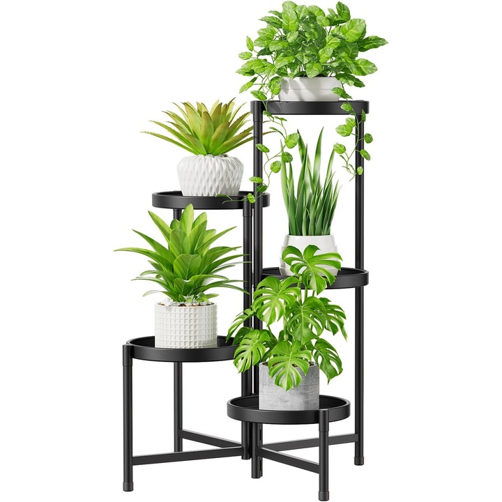 Suport pentru plante iDavosic.ly, 5 nivele, tavi mari de 25 cm, pliabil, metalic, pentru interior si exterior, Negru