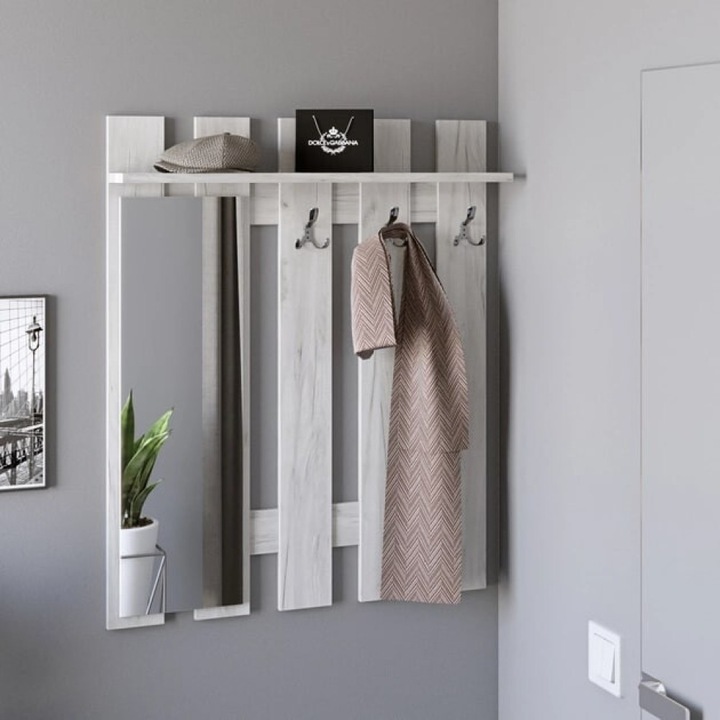 Cuier Lamelar Liberty, Everest, PAL, 90 x 16 x 110 cm, panou cu oglinda si cuier, culoare stejar kraft alb