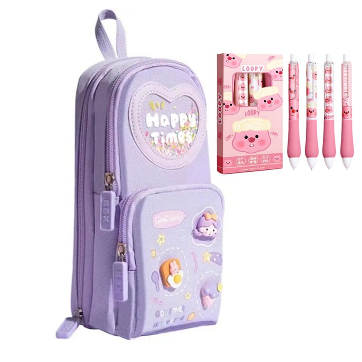 Penar+4 stilouri negre ST cu uscare rapida XYXANMO, Husa de creion portabila,3 compartimente cu fermoar, Organizator de depozitare de capacitate foarte mare, Impermeabil, Mov, 21x9, 5x6, 5cm