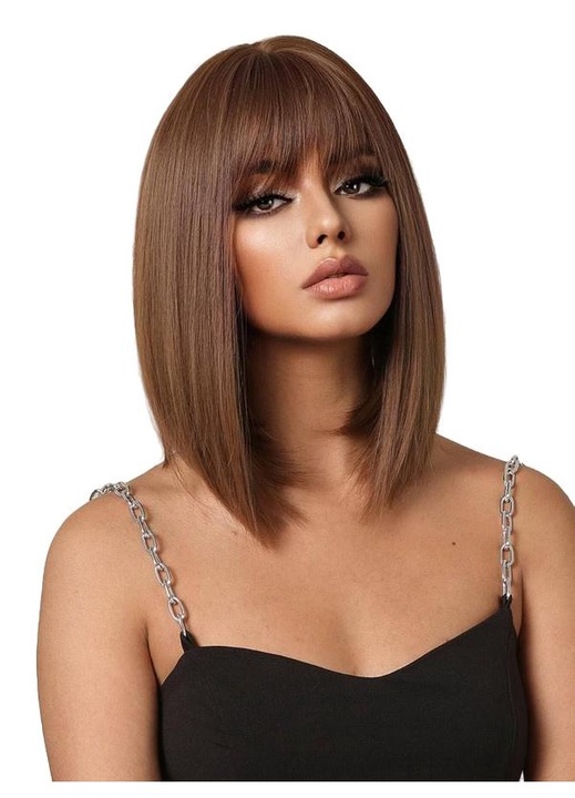 Hőálló női paróka - vállig érő egyenes haj réteges frufruval, természetes barna színű, 35 cm