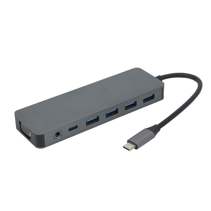Хъб USB C 13 в 1, 2 x HDMI, VGA, Ethernet Gigabit, 4 USB порта, PD зареждане, алуминий