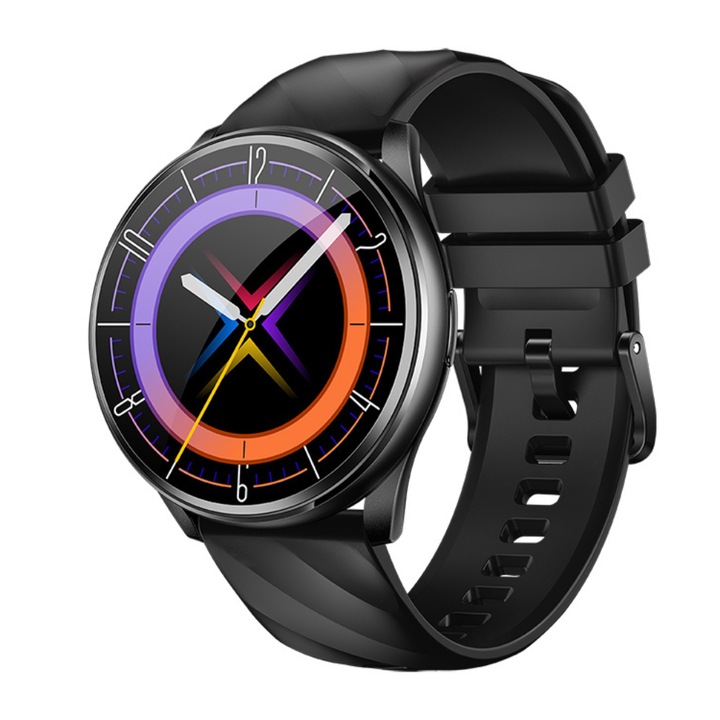 IXIU® okosóra, K77, okos, fitnesz, sport, alvásfigyelés és egészségügyi mutatók, pulzusszám, vérnyomás, stressz, SpO2, szilikon szíj, fekete, FitCloudPro