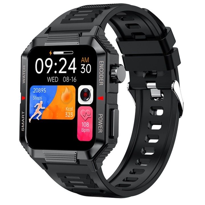 IXIU® okosóra, QW88, okos, fitnesz, sport, alvásfigyelés és egészségügyi mutatók, NFC, vérnyomás, pulzusszám, SpO2, szilikon szíj, fekete, DaFit