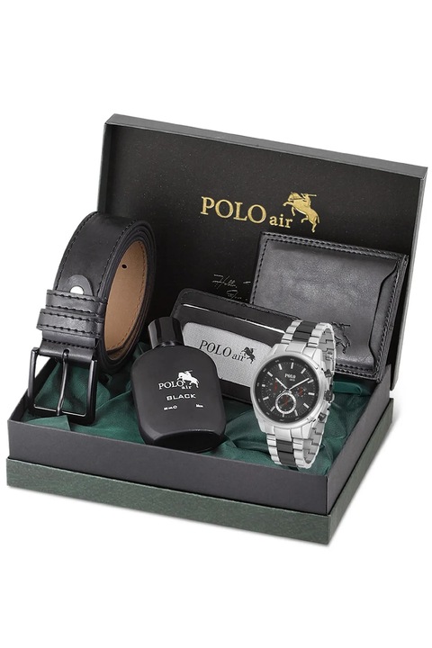 Мъжки комплект, POLO Air, Портфейл, Колан, Сив Часовник, 50 мл Парфюм, Черен