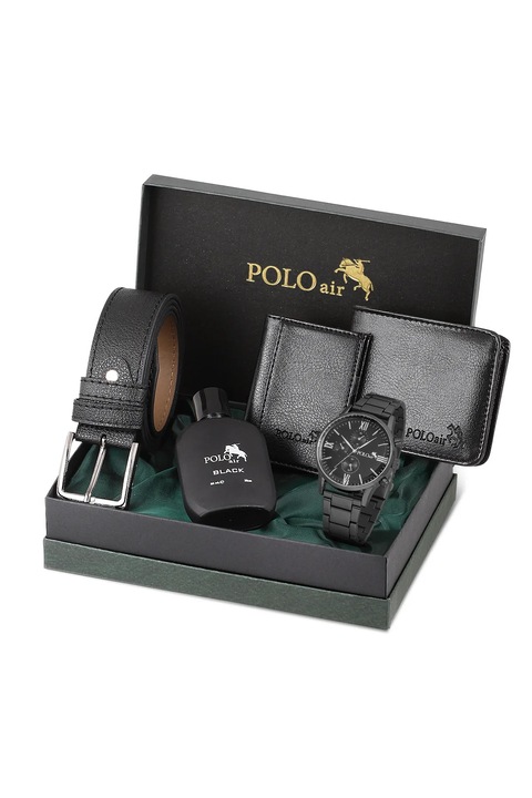 Мъжки комплект, POLO Air, Портфейл, Колан, Черен Часовник, 50 мл Парфюм, Черен