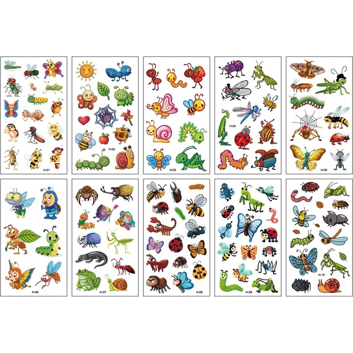 Set 10 foi tatuaje Temporare pentru Copii cu Insecte, Multicolor, 6.8x12cm
