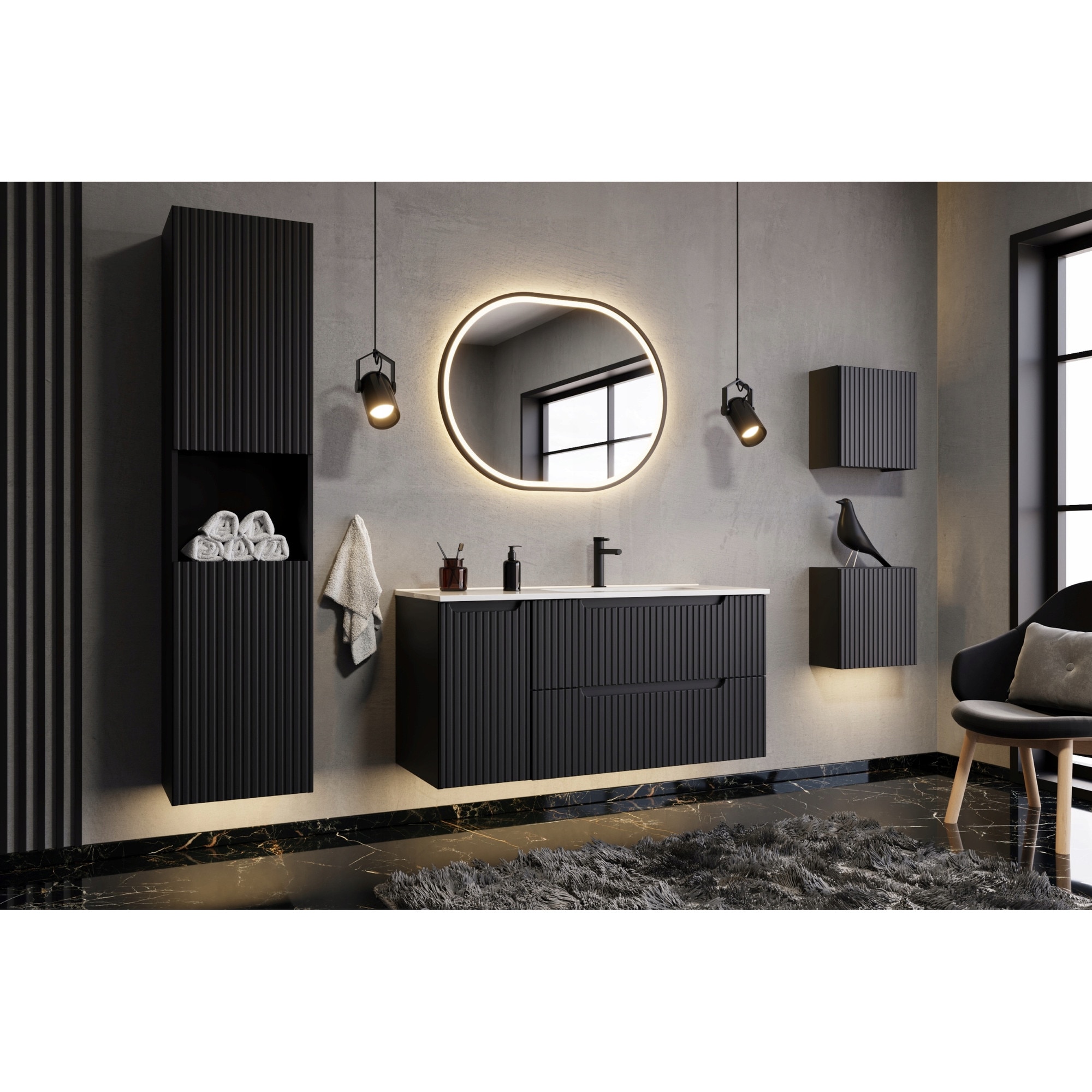 Coloana de baie NOVA, negru, riflaj, 140 cm, Furnidea - eMAG.ro