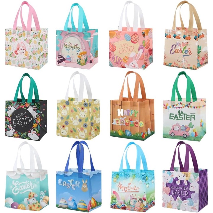 Set de 12 pungi din material netesut pentru Paste, pungi pentru vanatoarea de oua cu manere, pungi de cadou impermeabile si reutilizabile, 20X21 Cm