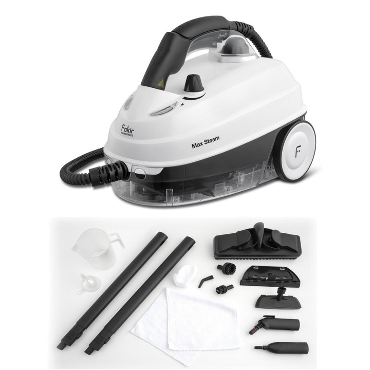 Aparat de curatat cu abur Fakir Max Steam cu abur, 1500W, 5 Bar, 1.6 L, incalzire 10 min, 12 accesorii, Alb