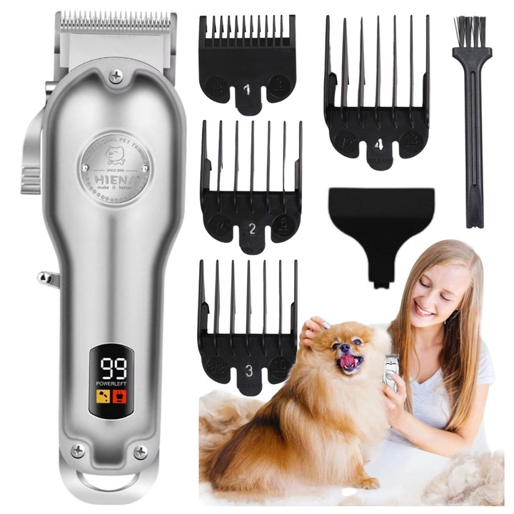 Animal Clipper, Wobell, Professzionális csendes borotva, fém, ergonomikus, 4 tartozék készlet, vágási hossz 0,5-3 mm, kiváló minőségű rozsdamentes acél, átlátszó kijelző, ezüst