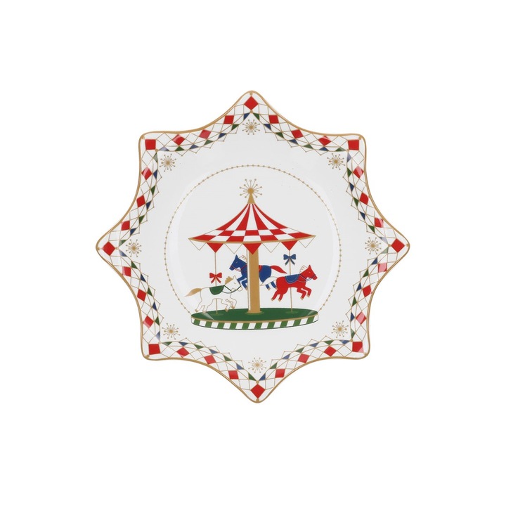 Коледна шарена чиния, звезда, 20 см, многоцветна