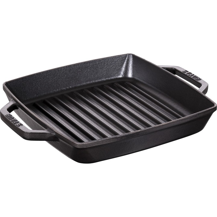 Tigaie grill din fonta cu doua manere, 23x23cm, 29cm, 4cm, neagra