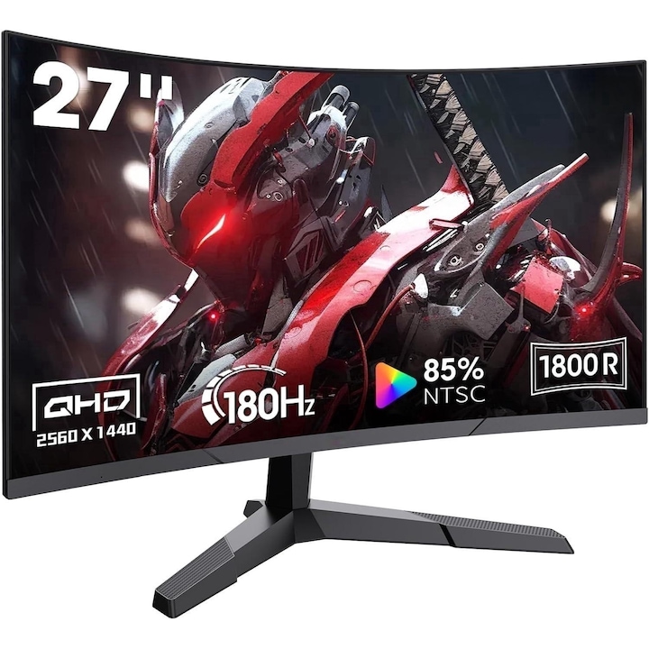 ILIKE 27 Inch Curved Gaming Monitor, 2K QHD 2560P számítógép monitor, 180Hz, 16:9 27 hüvelykes, 1ms, 1800R ívelt VA IPS panel, DP1.2 + 2x HDMI, AdaptiveSync, keskeny káva, ultra-vékony kialakítás